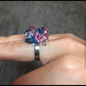 Women Pink and blue Crystal beads adjustable silver color ring